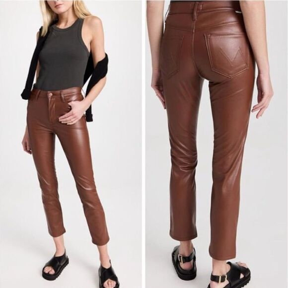 NWT Mother The Pixie Dazzler Brown Pants Faux Leather High Rise Size 25 - Picture 1 of 13